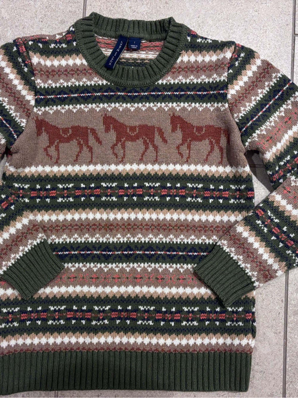 Janie and Jack Olive, Brown & Cream Horse Fair Isle Sweater
